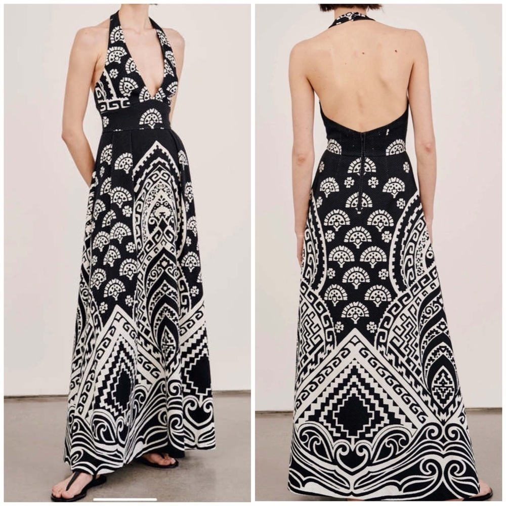 New Nili Lotan Patricia Maxi Dress Halter Black White Abstract Pique Sz 0